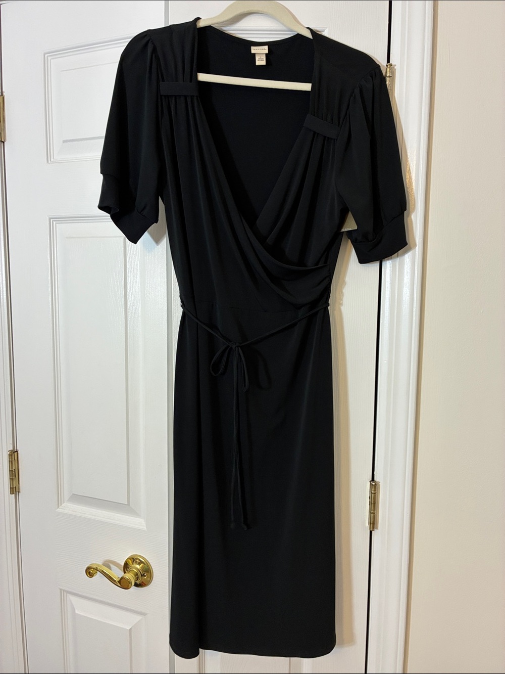 Merona Black Short Sleeved Faux Wrap Dress with Tie Waist, sz L, NWT